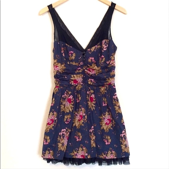 Free People Navy Floral Garden Mesh Insert Tulle Petticoat Mini Dress - Picture 5 of 8